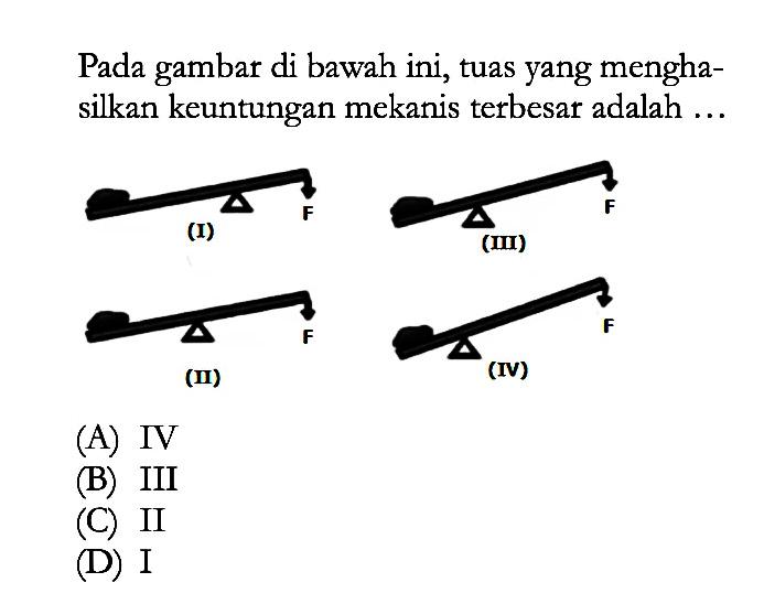 Pada gambar di bawah ini, tuas yang mengha- silkan keuntungan mekanis terbesar adalah ... (I) F (III) F (II) F (IV) F