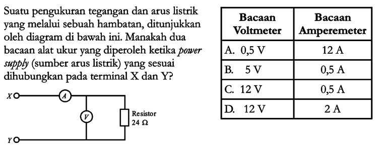 Suatu pengukuran tegangan arus listrik yang melalui sebuah hambatan, ditunjukkan oleh diagram di bawah ini. Manakah dua bacaan alat ukur yang diperoleh ketika power supply (sumber arus listrik) yang sesuai dihubungkan pada termial X dan Y? x y A V Resistor 24 Ohm