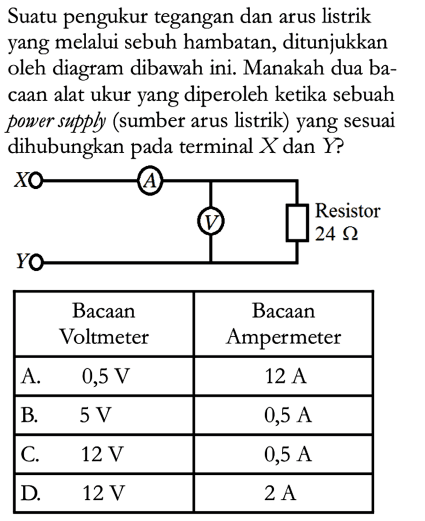 Suatu pengukur tegangan dan arus listrik yang melalui sebuh hambatan, ditunjukkan oleh diagram dibawah ini. Manakah dua ba-caan alat ukur yang diperoleh ketika sebuah power supply (sumber arus listrik) yang sesuai dihubungkan terminal X dan Y? X Y A V Resistor 24 Ohm