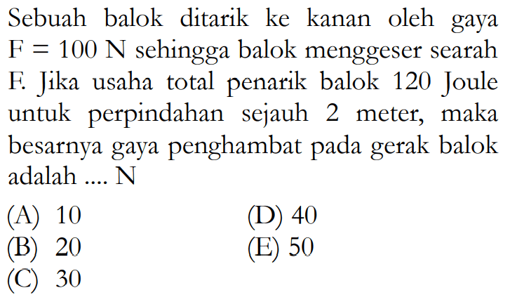 Sebuah balok ditarik ke kanan oleh gaya F=100 N sehingga balok menggeser searah F. Jika usaha total penarik balok 120 Joule untuk perpindahan sejauh 2 meter, maka besarnya gaya penghambat pada gerak balok adalah .... N 