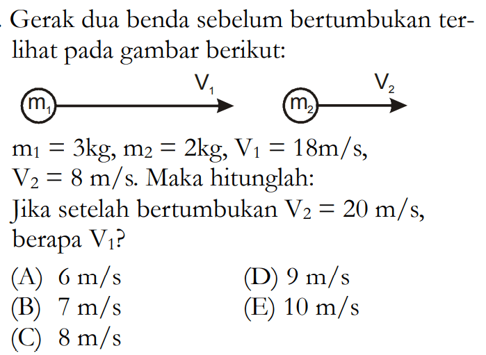 Gerak dua benda sebelum bertumbukan terli pada gambar berikut: m1=3 kg, m2=2 kg, V1=18 m/s, V2=8 m/s. Maka hitunglah:Jika setelah bertumbukan V2=20 m/s, berapa V1?