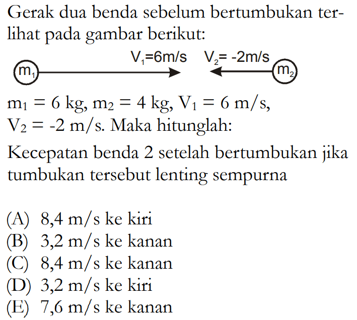 Gerak dua benda sebelum bertumbukan terlihat pada gambar berikut: m1 V1=6 m/s V2=-2 m/s m2 m1=6 kg, m2=4 kg, V1=6 m/s , V2=-2 m/s. Maka hitunglah: Kecepatan benda 2 setelah bertumbukan jika tumbukan tersebut lenting sempurna