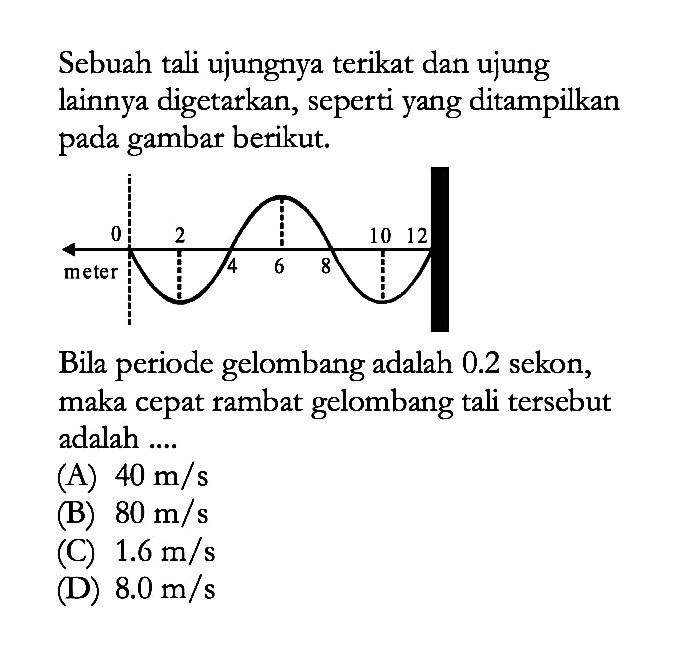 Sebuah tali ujungnya terikat dan ujung lainnya digetarkan, seperti yang ditampilkan pada gambar berikut. Bila periode gelombang adalah 0,2 sekon, maka cepat rambat gelombang tali tersebut adalah ....