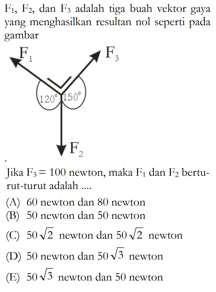 F1, F2, dan F3 adalah tiga buah vektor gaya yang menghasilkan resultan nol seperti pada gambar F1 F3 120 150 F2 Jika F3=100 newton, maka F1 dan F2 berturut-turut adalah .... 