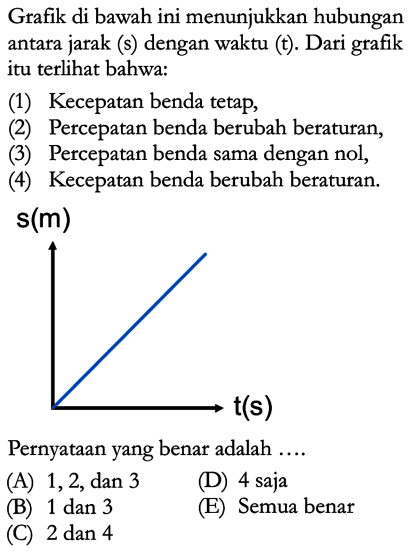 Grafik di bawah ini menunjukkan hubungan antara jarak (s) dengan waktu (t). Dari grafik itu terlihat bahwa: (1) Kecepatan benda tetap, (2) Percepatan benda berubah beraturan, (3) Percepatan benda sama dengan nol, (4) Kecepatan benda berubah beraturan. s(m) t(s) Pernyataan yang benar adalah .....