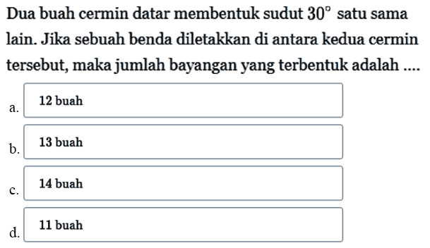 Dua buah cermin datar membentuk sudut 30 satu sama lain. Jika sebuah benda diletakkan di antara kedua cermin tersebut, maka jumlah bayangan yang terbentuk adalah ....