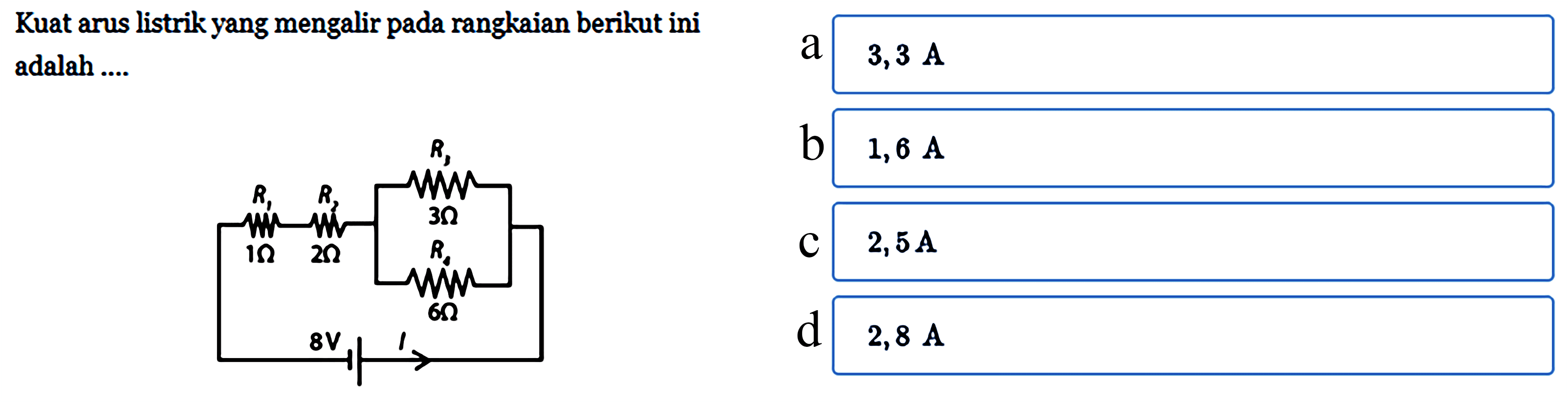 Kuat arus listrik yang mengalir pada rangkaian berikut ini adalah ....