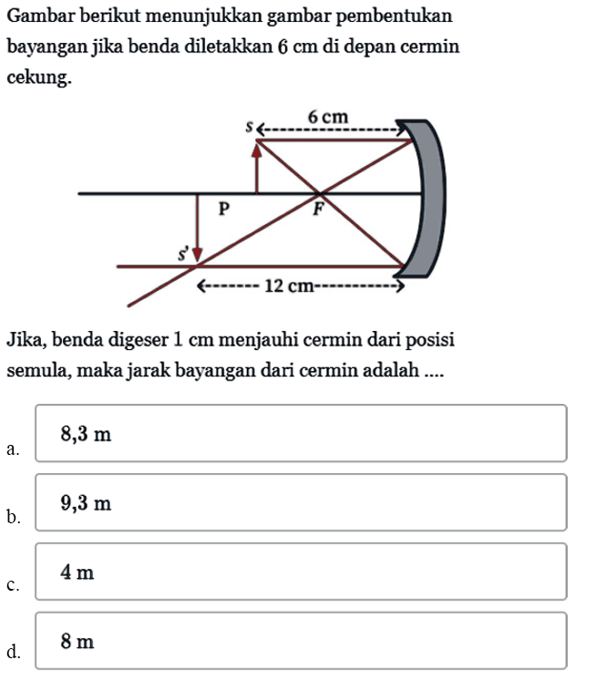 Gambar berikut menunjukkan gambar pembentukan bayangan jika benda diletakkan  6 cm  di depan cermin cekung.Jika, benda digeser  1 cm  menjauhi cermin dari posisi semula, maka jarak bayangan dari cermin adalah ....a. 8,3 m 
b. 9,3 m 
c. 4 m 
d. 8 m 