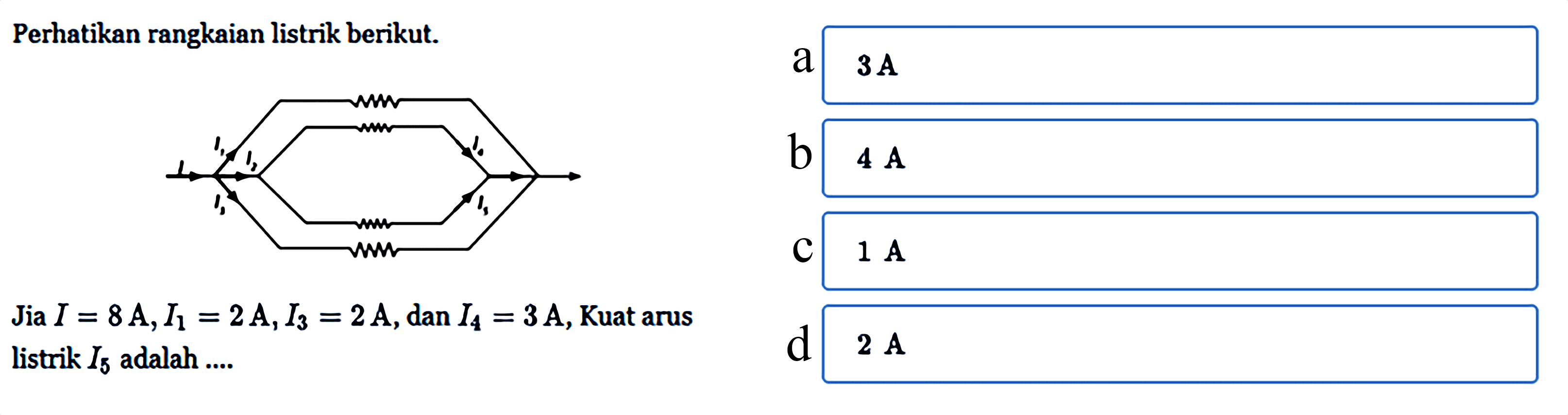 Perhatikan rangkaian listrik berikut. Jia I = 8 A, I1 = 2 A, I3 = 2 A, dan I4 = 3 A, Kuat arus listrik I5 adalah ....