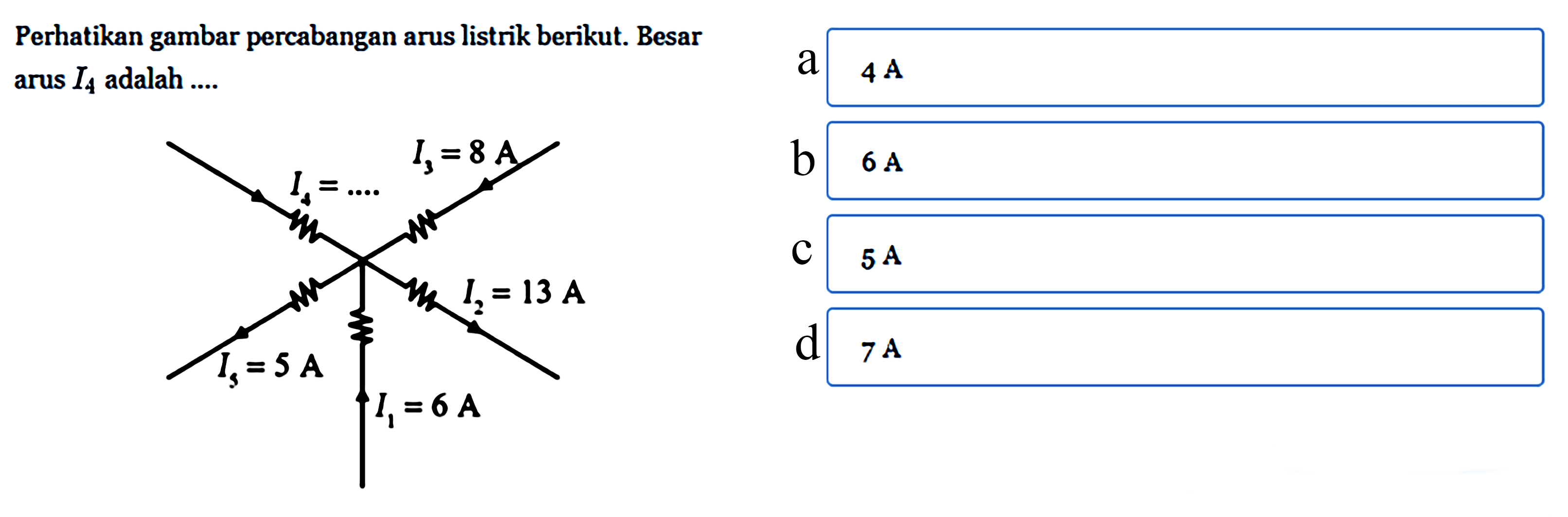 Perhatikan gambar percabangan arus listrik berikut. Besar arus I4 adalah ....