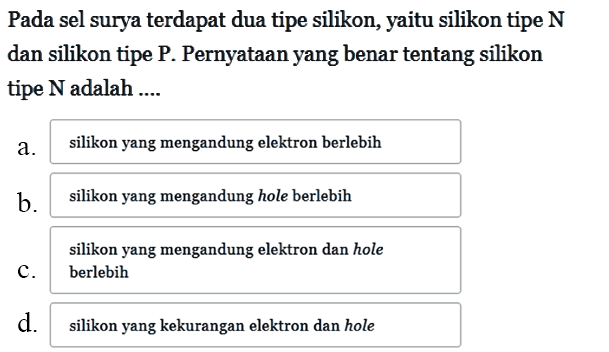 Pada sel surya terdapat dua tipe silikon, yaitu silikon tipe N dan silikon tipe P. Pernyataan yang benar tentang silikon tipe N adalah ....