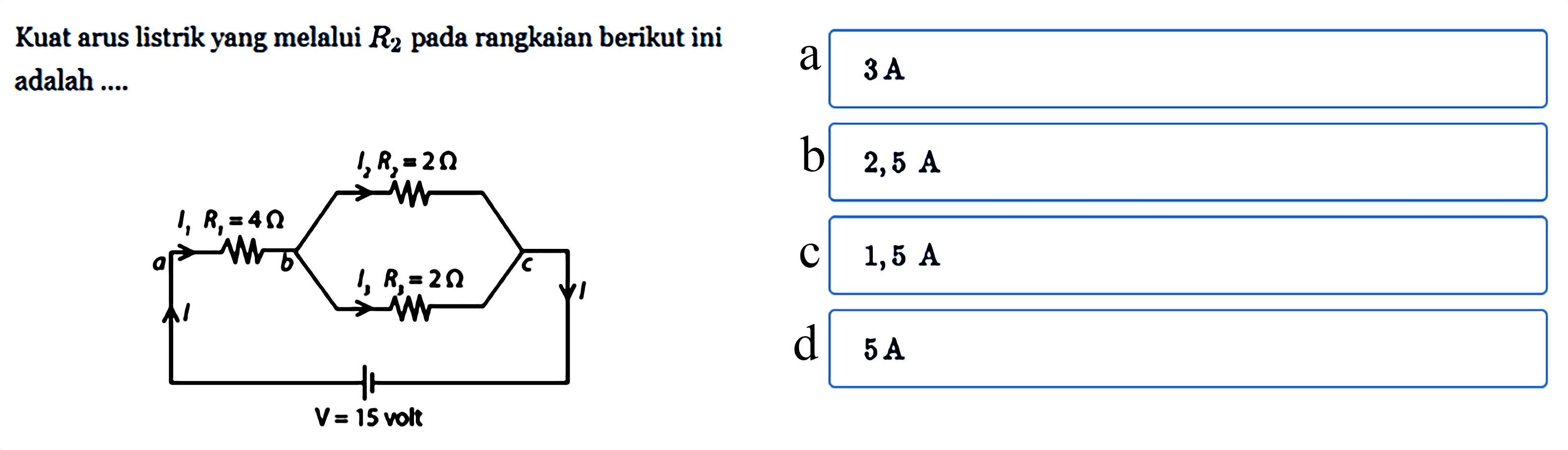 Kuat arus listrik yang melalui R2 rangkaian berikut ini adalah..