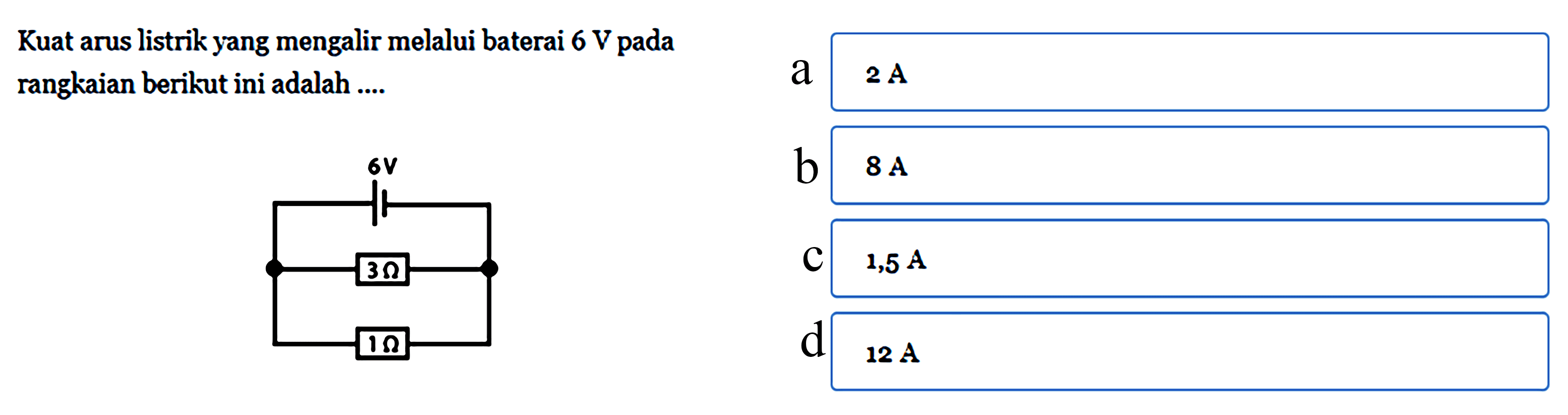 Kuat arus listrik yang mengalir melalui baterai 6 V pada rangkaian berikut ini adalah ....