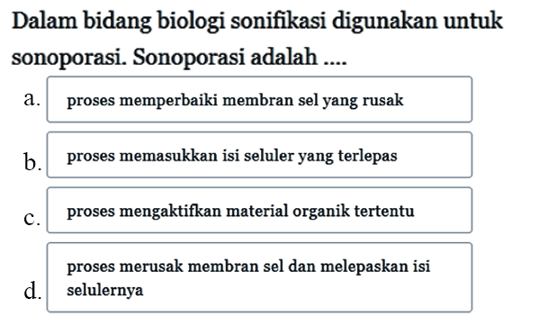 Dalam bidang biologi sonifikasi digunakan untuk sonoporasi. Sonoporasi adalah ....
