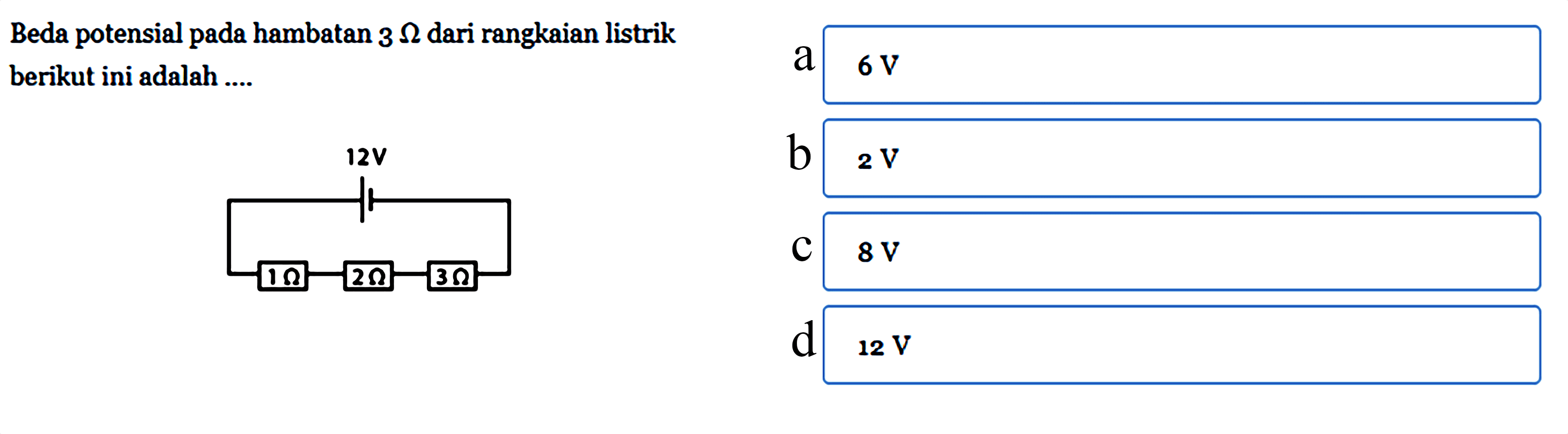 Beda potensial pada hambatan 3 Ohm dari rangkaian listrik berikut ini adalah ....