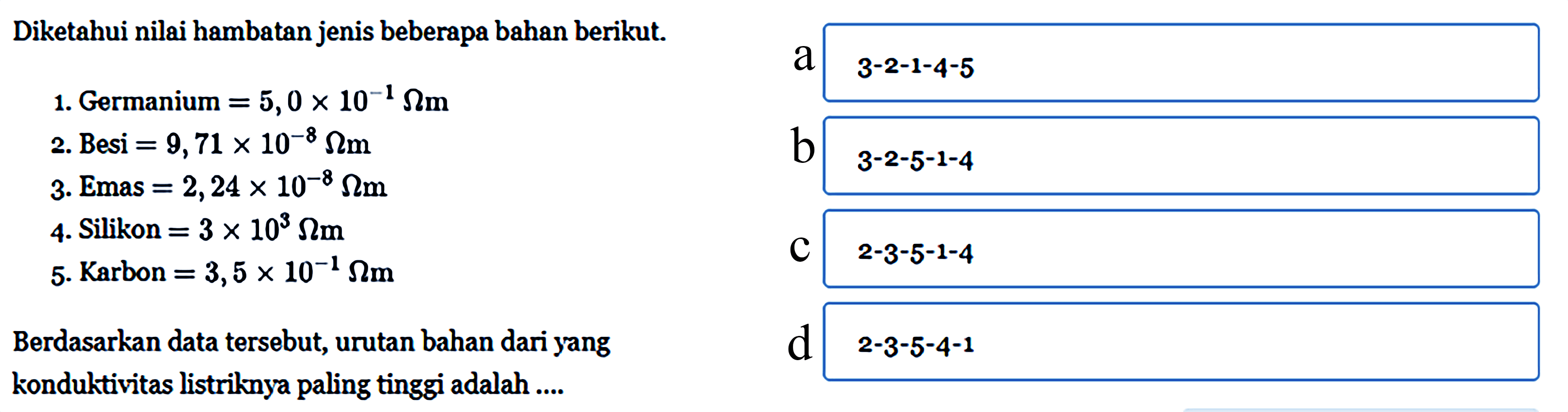 Diketahui nilai hambatan jenis beberapa bahan berikut. 1. Germanium = 5,0 x 10^(-1) Ohmm 2. Besi = 9,71 x 10^(-8) ohmm 3. Emas = 2,24 x 10^(-8) ohmm 4. Silikon = 3 x 10^3 ohmm 5. Karbon = 3,5 x 10^(-1) ohmm Berdasarkan data tersebut, urutan bahan dari yang konduktivitas listriknya paling tinggi adalah ....