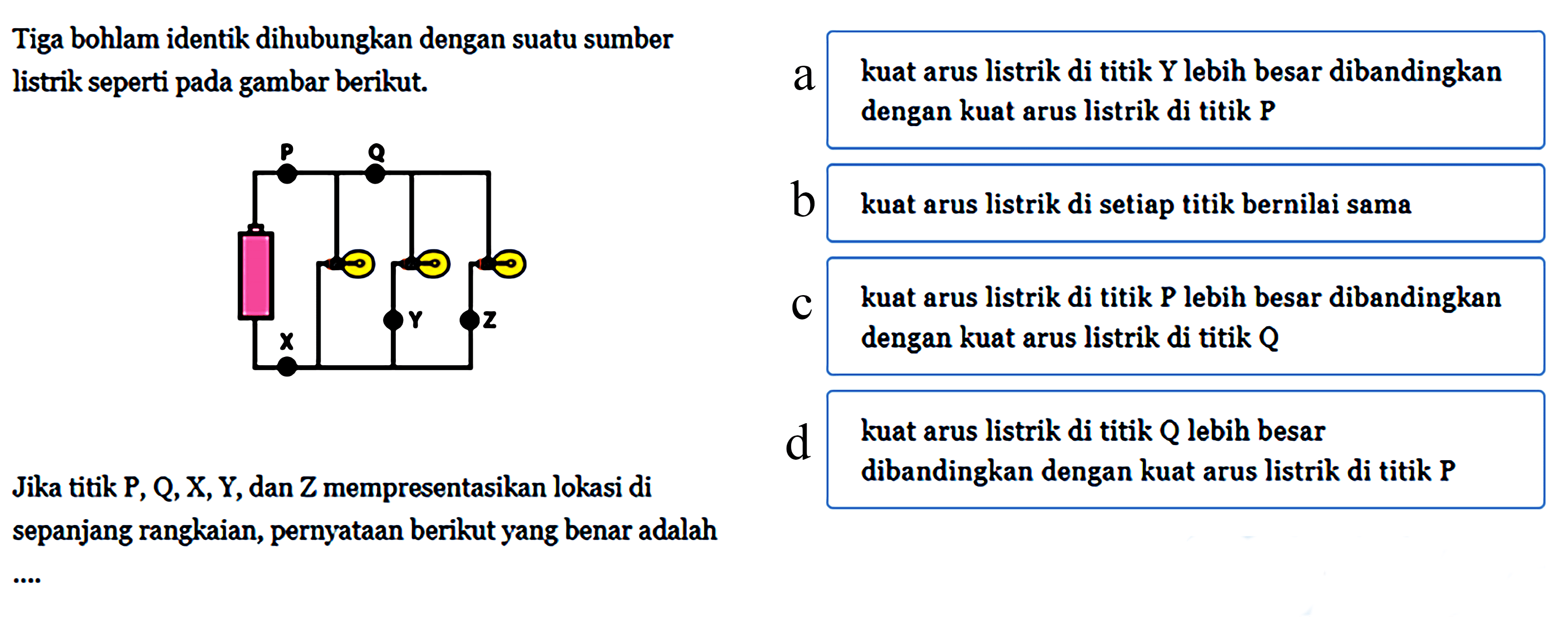 Tiga bohlam identik dihubungkan dengan suatu sumber listrik seperti pada gambar berikut. P Q Y Z X Jika titik P, Q, X, Y, dan Z mempresentasikan lokasi di sepanjang rangkaian, pernyataan berikut yang benar adalah ....