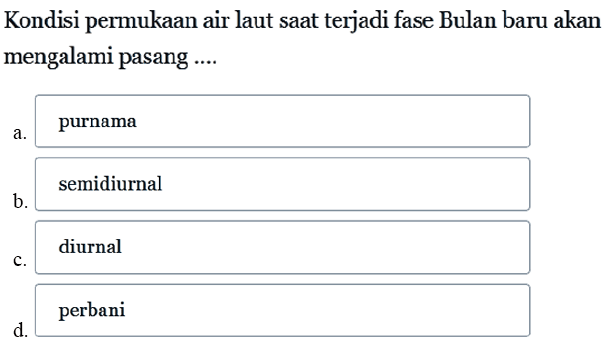 Kondisi permukaan air laut saat terjadi fase Bulan baru akan mengalami pasang ....