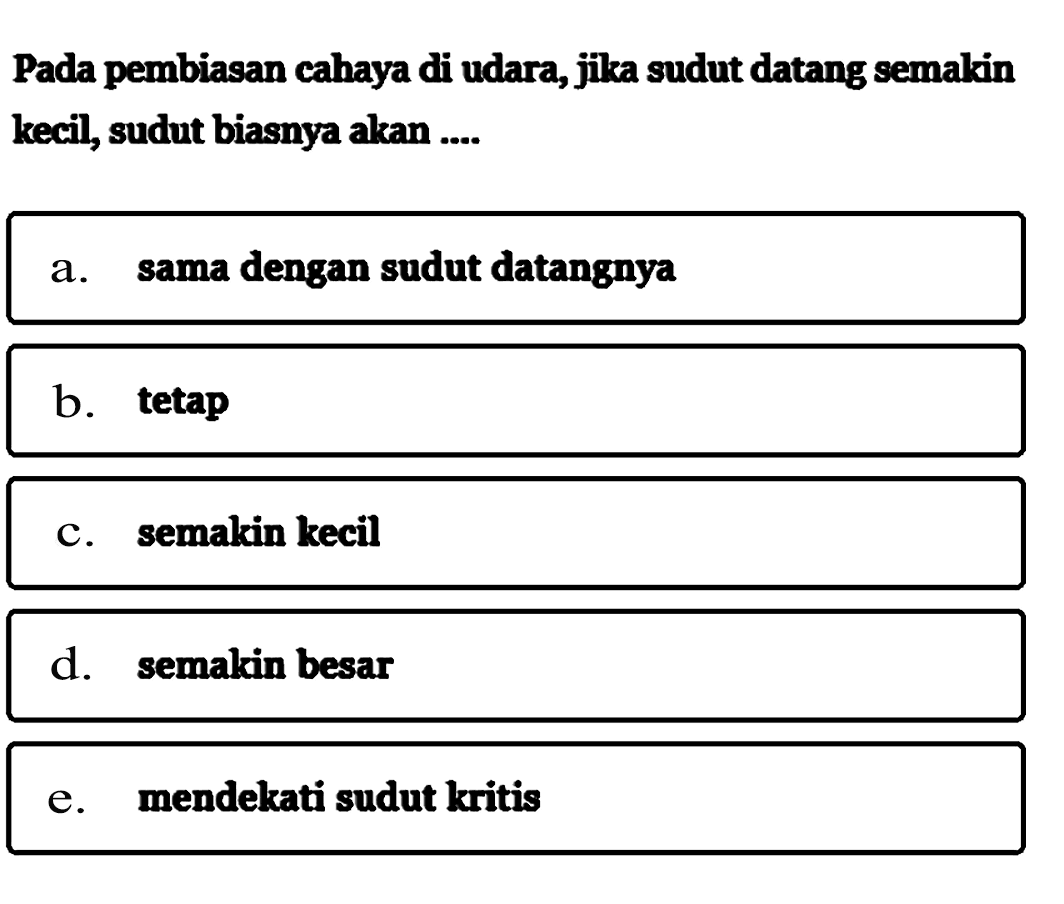 Pada pembiasan cahaya di udara, jika sudut datang semakin kecil, sudut biasnya akan ....