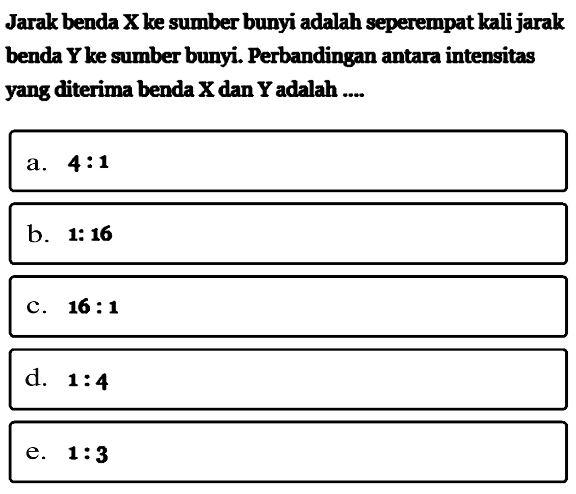 Jarak benda X ke sumber bunyi adalah seperempat kali jarak benda Y ke sumber bunyi. Perbandingan antara intensitas yang diterima benda X dan Y adalah ....