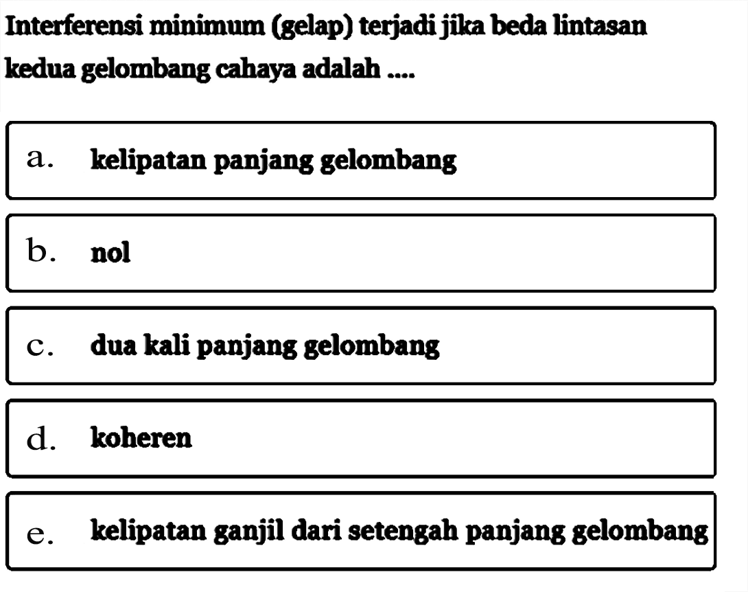 Interferensi minimum (gelap) terjadi jika beda lintasankedua gelombang cahaya adalah ....a. kelipatan panjang gelombangb. nolc. dua kali panjang gelombangd. koherene. kelipatan ganjil dari setengah panjang gelombang