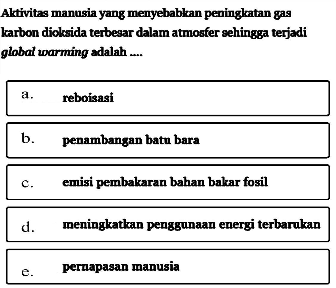 Altivitas manusia yang menyebablkan peningkatan gas karbon dioksida terbesar dalam atmosfer sehingga terjadi global warming adalah ....