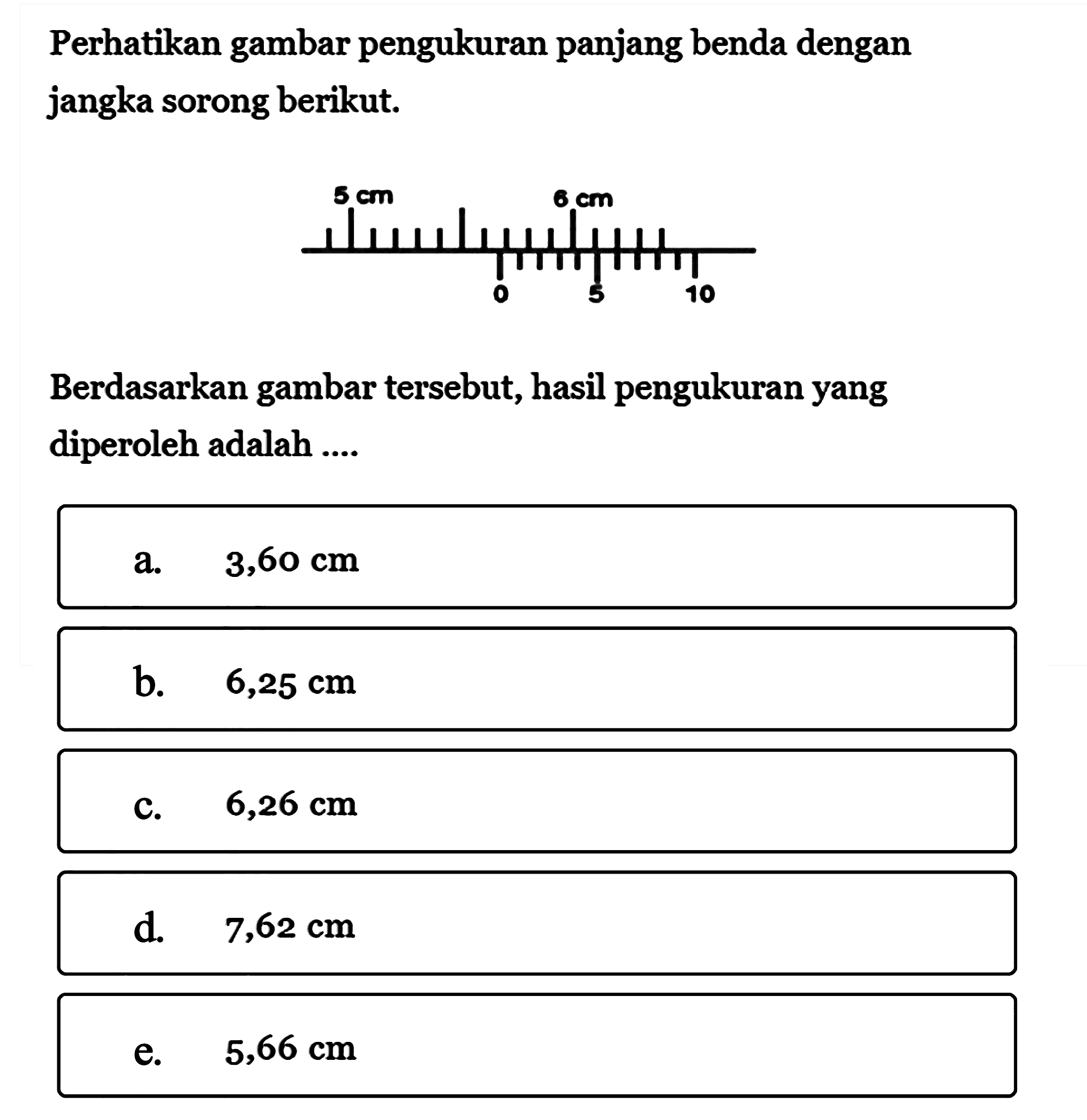 Perhatikan gambar pengukuran panjang benda dengan jangka sorong berikut. Berdasarkan gambar tersebut, hasil pengukuran yang diperoleh adalah....