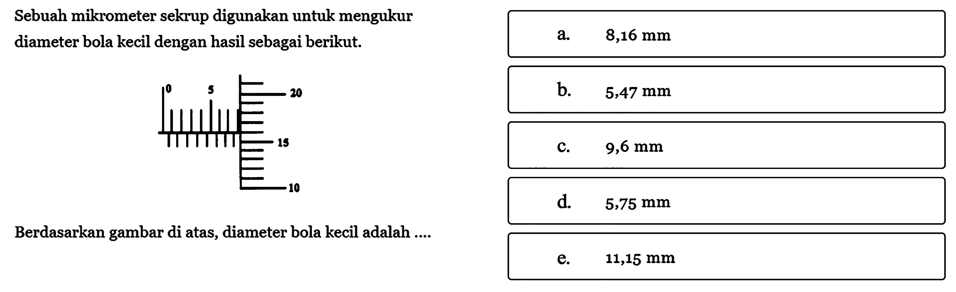 Sebuah mikrometer sekrup digunakan untuk mengukur diameter bola kecil dengan hasil sebagai berikut.Berdasarkan gambar di atas, diameter bola kecil adalah ...