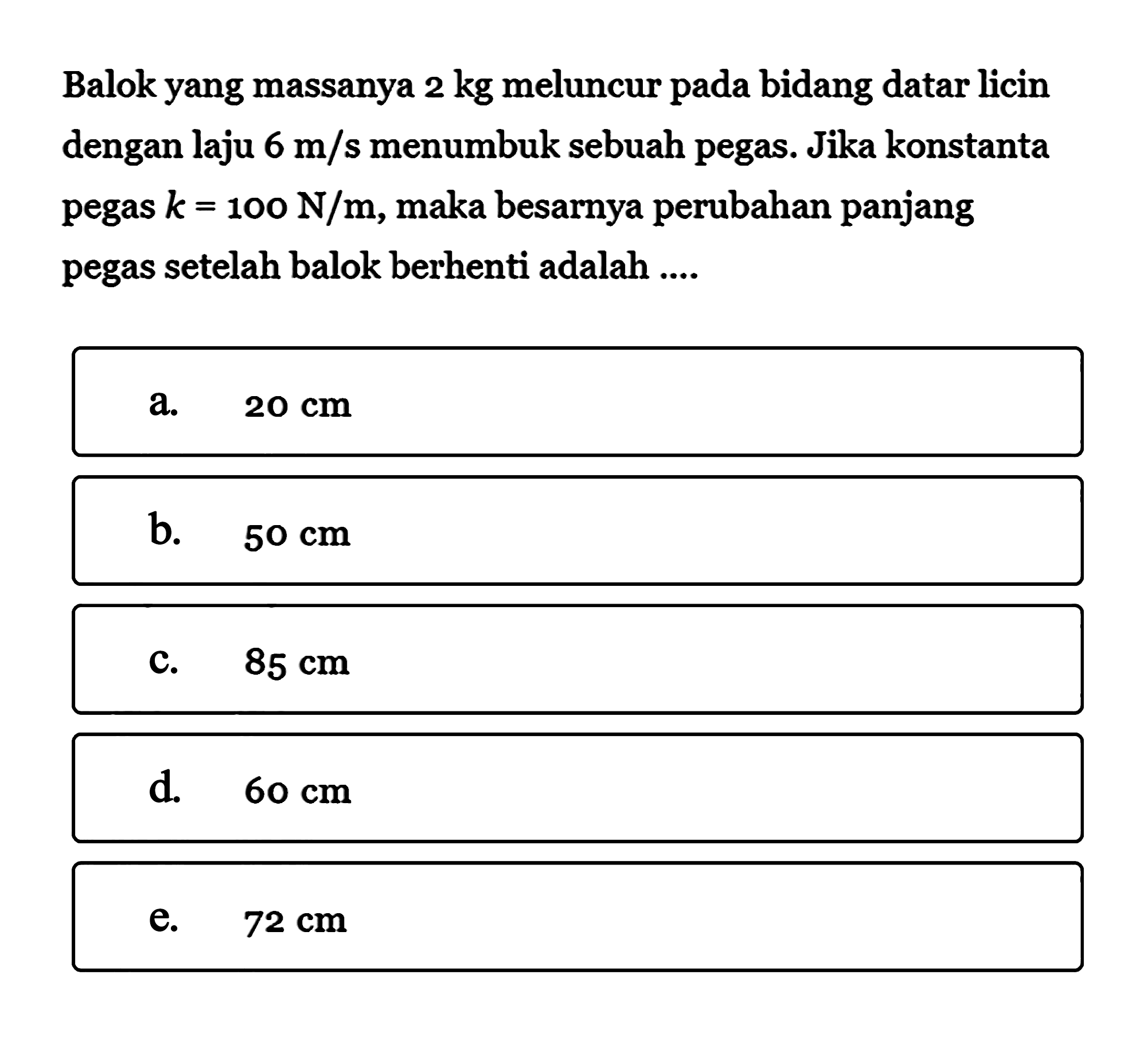 Balok yang massanya 2 kg meluncur pada bidang datar licin dengan laju 6 m/s menumbuk sebuah pegas. Jika konstanta pegas k = 100 N/m, maka besarnya perubahan panjang pegas setelah balok berhenti adalah ...