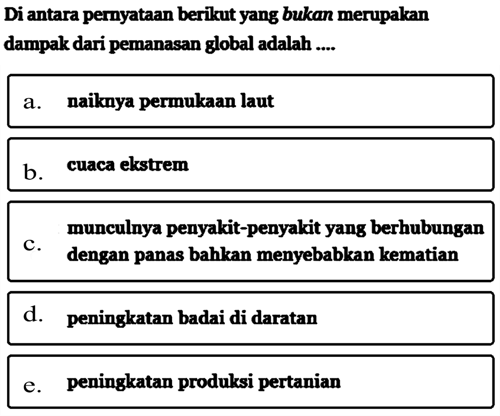 Di antara pernyataan berikut yang bukan merupakan dampak dari pemanasan global adalah .... 