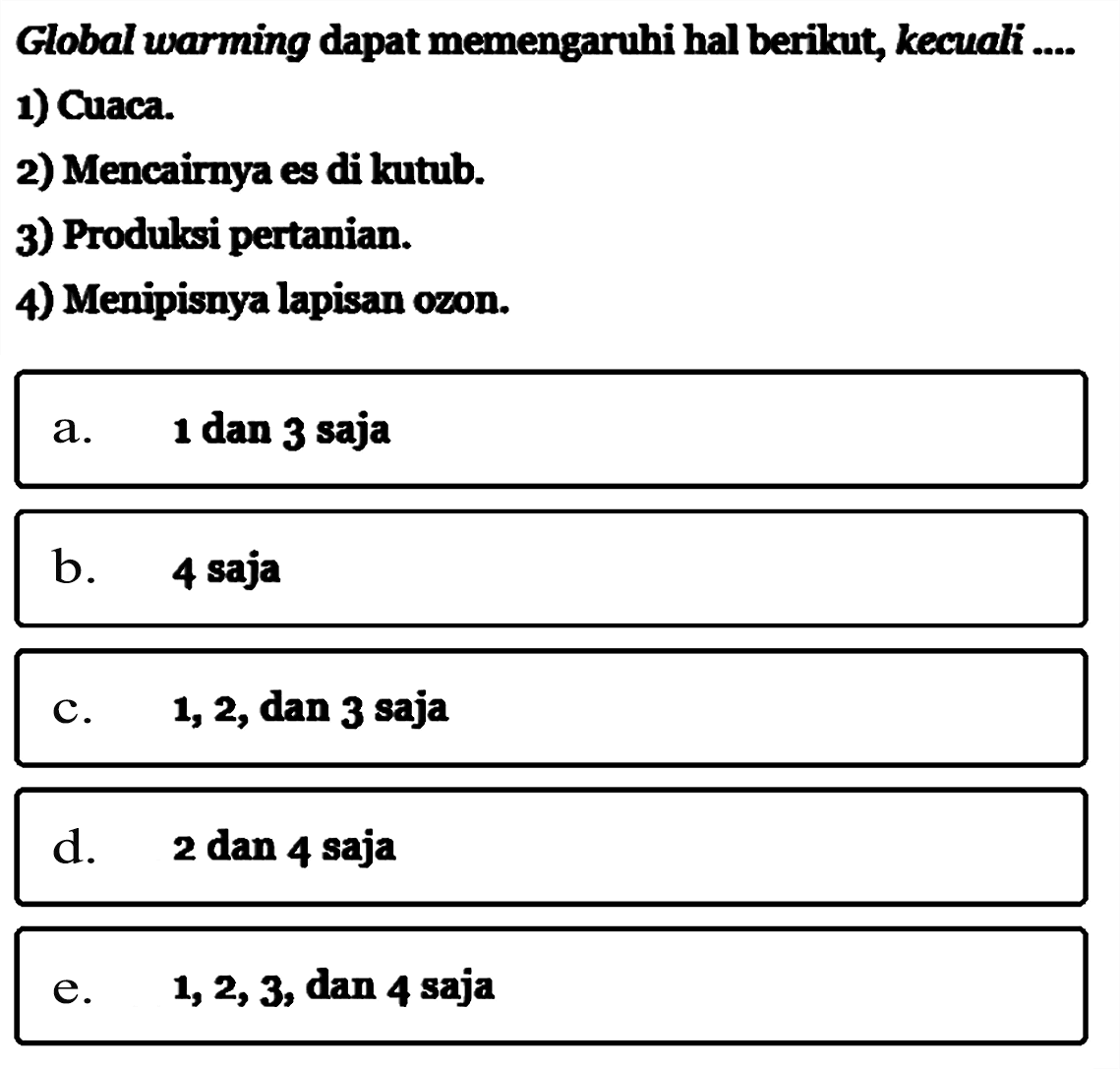 Global warming dapat memengaruhi hal beriknt, kecuali....1) Cuaca.2) Mencairnya es di kutub.3) Produlki pertanian.4) Menipisnya lapisan ozon.