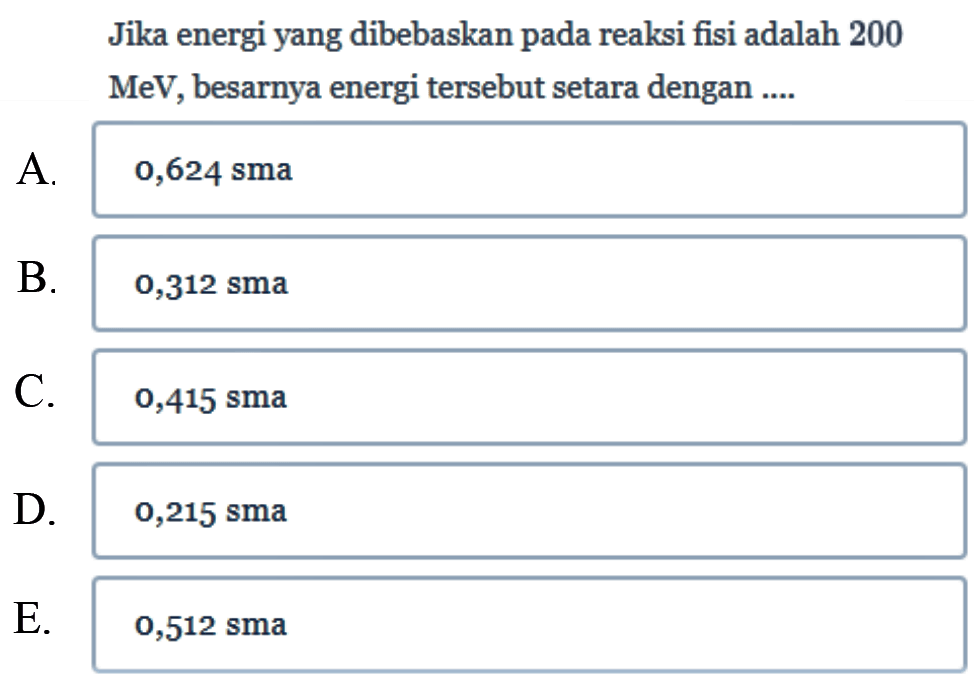 Jika energi yang dibebaskan pada reaksi fisi adalah 200
 MeV , besarnya energi tersebut setara dengan ....
