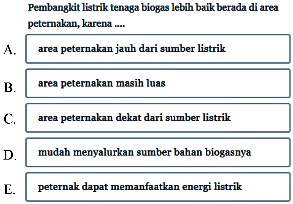 Pembangkit listrik tenaga biogas lebih baik berada di area peternakan, karena ....
