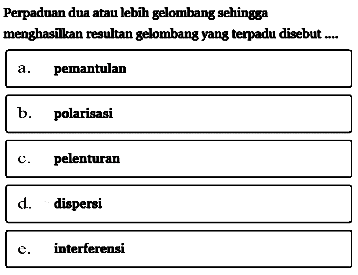 Perpaduan dua atau lebih gelombang sehinggamenghasilkan resultan gelombang yang terpadu disebut ....