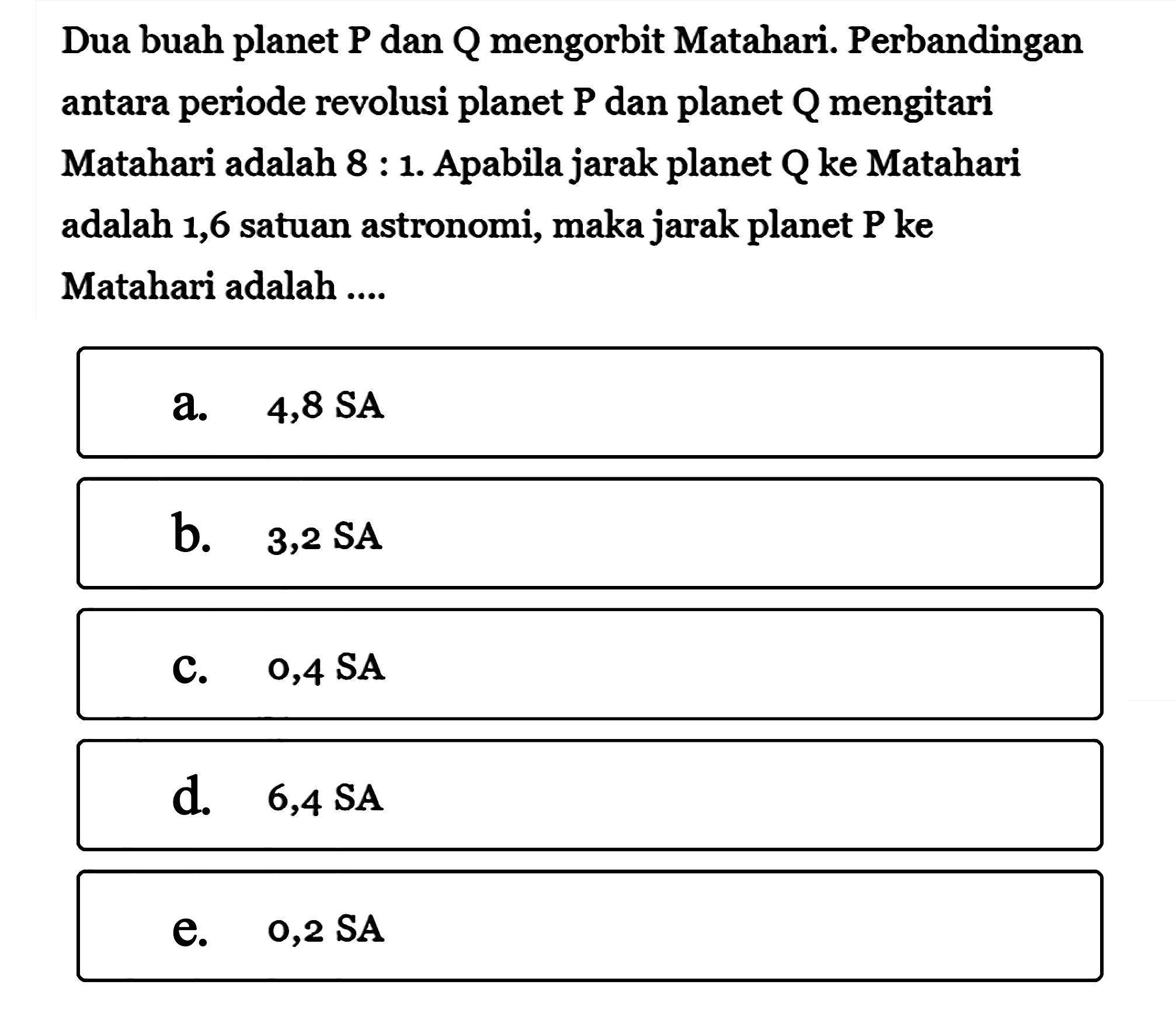 Dua buah planet kg dan Q mengorbit Matahari. Perbandingan antara periode revolusi planet kg dan planet Q mengitari Matahari adalah 8:1. Apabila jarak planet Q ke Matahari adalah 1,6 satuan astronomi, maka jarak planet P ke Matahari adalah ....