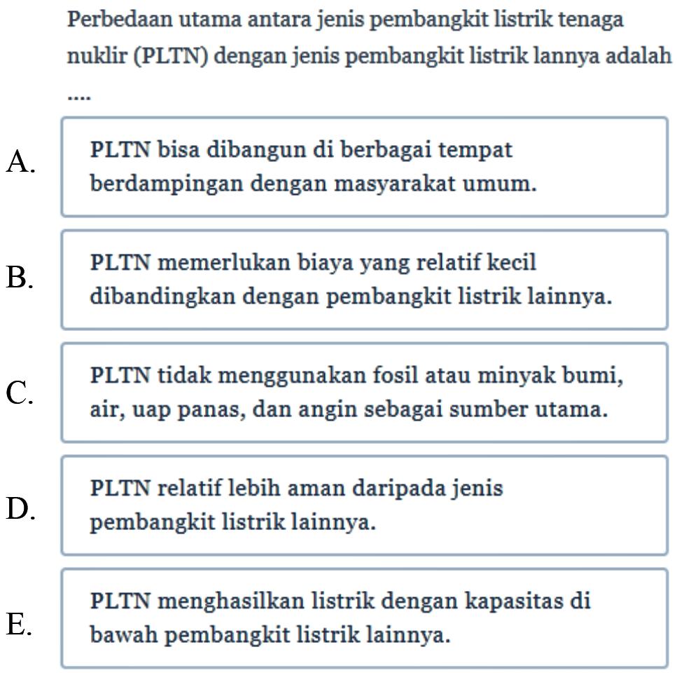 Perbedaan utama antara jenis pembangkit listrik tenaga nuklir (PLTN) dengan jenis pembangkit listrik lannya adalah....