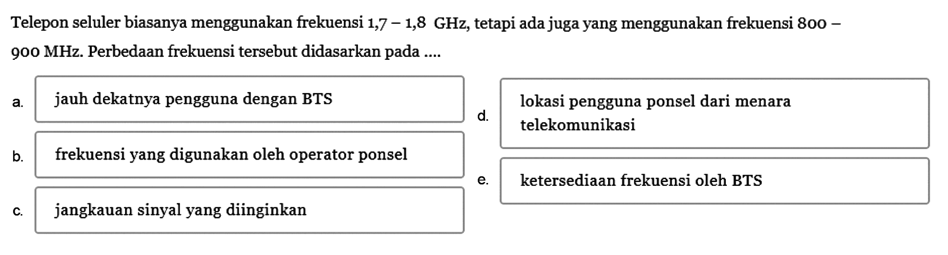 Telepon seluler biasanya menggunakan frekuensi  1,7-1,8  GHz, tetapi ada juga yang menggunakan frekuensi 800  900 MHz . Perbedaan frekuensi tersebut didasarkan pada ....
