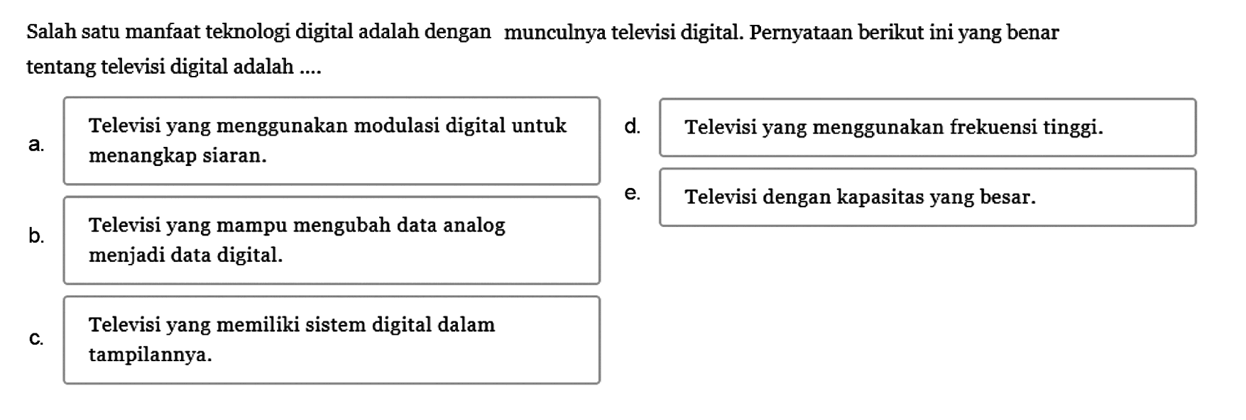 Salah satu manfaat teknologi digital adalah dengan munculnya televisi digital. Pernyataan berikut ini yang benar tentang televisi digital adalah...