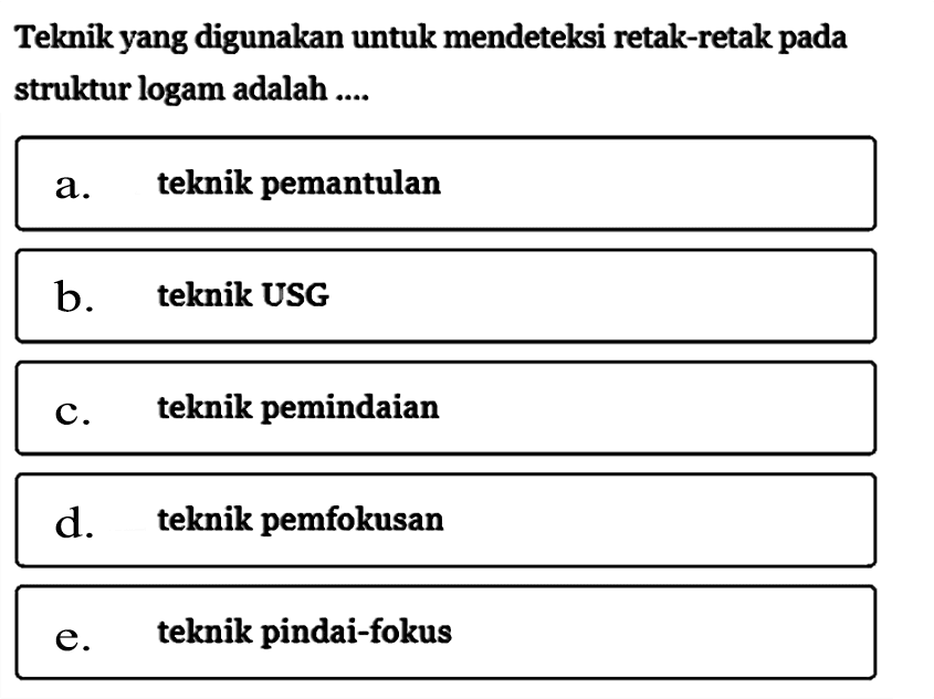 Teknik yang digunakan untuk mendeteksi retak-retak pada struktur logam adalah ....