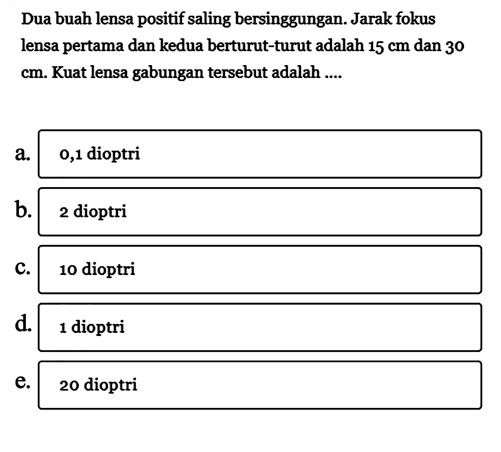 Dua buah lensa positif saling bersinggungan. Jarak fokus lensa pertama dan kedua berturut-turut adalah 15 cm dan 30 cm. Kuat lensa gabungan tersebut adalah ... 