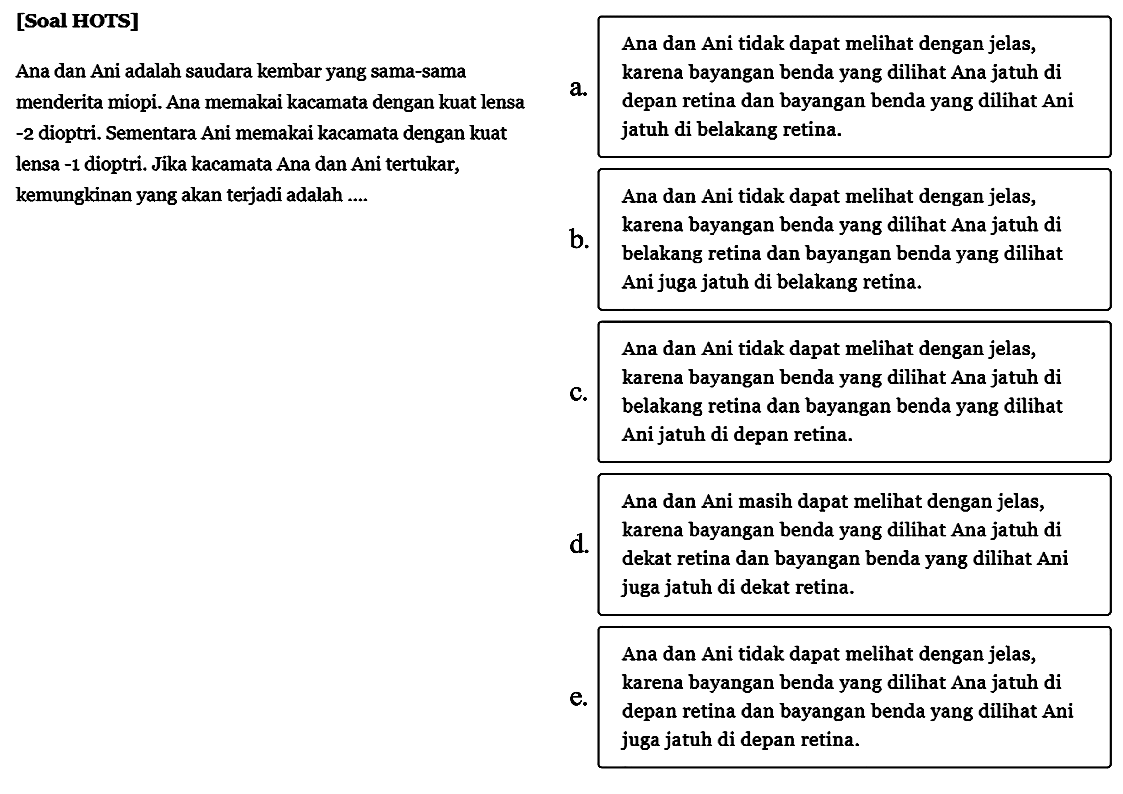 [Soal HOTS] Ana dan Ani adalah saudara kembar yang sama-samamenderita miopi. Ana memakai kacamata dengan kuat lensa-2 dioptri. Sementara Ani memakai kacamata dengan kuatlensa -1 dioptri. Jika kacamata Ana dan Ani tertukar,kemungkinan yang akan terjadi adalah ... a. Ana dan Ani tidak dapat melihat dengan jelas, karena bayangan benda yang dilihat Ana jatuh di depan retina dan bayangan benda yang dilihat Ani jatuh di belakang retina. b. Ana dan Ani tidak dapat melihat dengan jelas, karena bayangan benda yang dilihat Ana jatuh di belakang retina dan bayangan benda yang dilihat Ani juga jatuh di belakang retina. c. Ana dan Ani tidak dapat melihat dengan jelas, karena bayangan benda yang dilihat Ana jatuh di belakang retina dan bayangan benda yang dilihat Ani jatuh di depan retina. d. Ana dan Ani masih dapat melihat dengan jelas, karena bayangan benda yang dilihat Ana jatuh di dekat retina dan bayangan benda yang dilihat Ani juga jatuh di dekat retina. e. Ana dan Ani tidak dapat melihat dengan jelas, karena bayangan benda yang dilihat Ana jatuh di depan retina dan bayangan benda yang dilihat Ani juga jatuh di depan retina. 