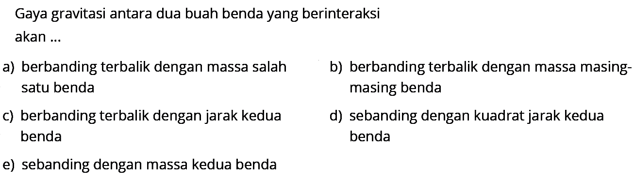 Gaya gravitasi antara dua buah benda yang berinteraksi akan ...