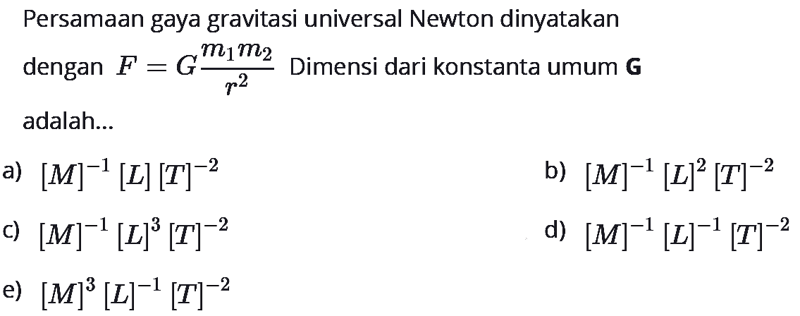 Persamaan gaya gravitasi universal Newton dinyatakan dengan F=G (m1m2/r^2) Dimensi dari konstanta umum G adalah...