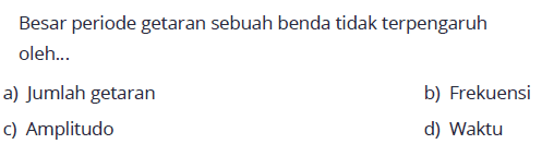 Besar periode getaran sebuah benda tidak terpengaruh oleh...a) Jumlah getaranb) Frekuensic) Amplitudod) Waktu