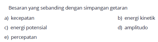 Besaran yang sebanding dengan simpangan getarana) kecepatanb) energi kinetikc) energi potensiald) amplitudoe) percepatan 