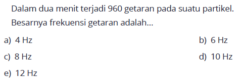 Dalam dua menit terjadi 960 getaran pada suatu partikel. Besarnya frekuensi getaran adalah...