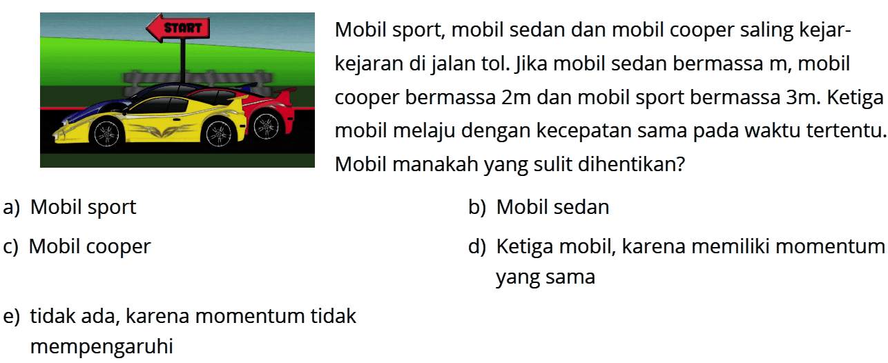 Mobil sport, mobil sedan dan mobil cooper saling kejar-kejaran di jalan tol. Jika mobil sedan bermassa m, mobil cooper bermassa 2 m dan mobil sport bermassa 3 m. Ketiga mobil melaju dengan kecepatan sama pada waktu tertentu. Mobil manakah yang sulit dihentikan?a) Mobil sport b) Mobil sedan c) Mobil cooper d) Ketiga mobil, karena memiliki momentum yang sama e) tidak ada, karena momentum tidak mempengaruhi 