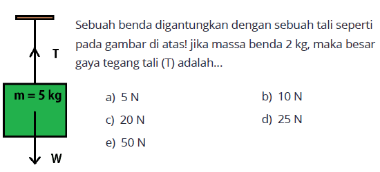 Sebuah benda digantungkan dengan sebuah tali seperti pada gambar di atas! jika massa benda  2 kg , maka besar gaya tegang tali (T) adalah...
b)  10 ~N 
C)  20 ~N 
d)  25 ~N 
e)  50 ~N 