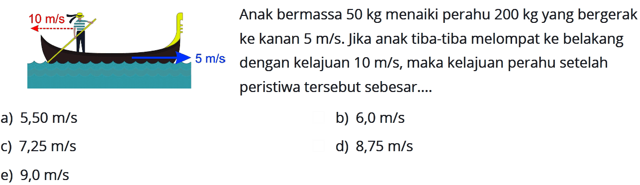 10 m/s 5 m/s Anak bermassa 50 kg menaiki perahu 200 kg yang bergerak ke kanan 5 m/s. jika anak tiba-tiba melompat ke belakang dengan kelajuan 10 m/s, maka kelajuan perahu setelah peristiwa tersebut sebesar....