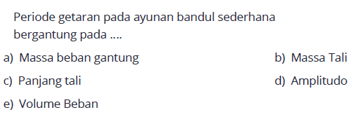 Periode getaran pada ayunan bandul sederhana bergantung pada ....a) Massa beban gantungb) Massa Talic) Panjang talid) Amplitudoe) Volume Beban 